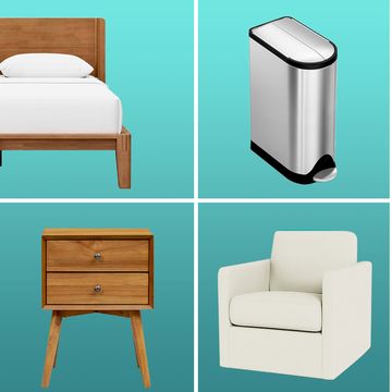 bed frame, trash can, cordless diffuser, desk chair, end table, arm chair, compact smart toaster oven