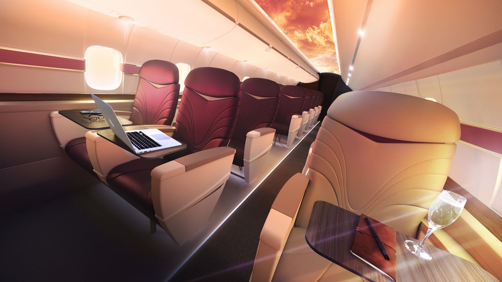 Airplane, Airline, Aircraft cabin, Business jet, Air travel, Luxury vehicle, Aircraft, Interior design, Vehicle, Room, 