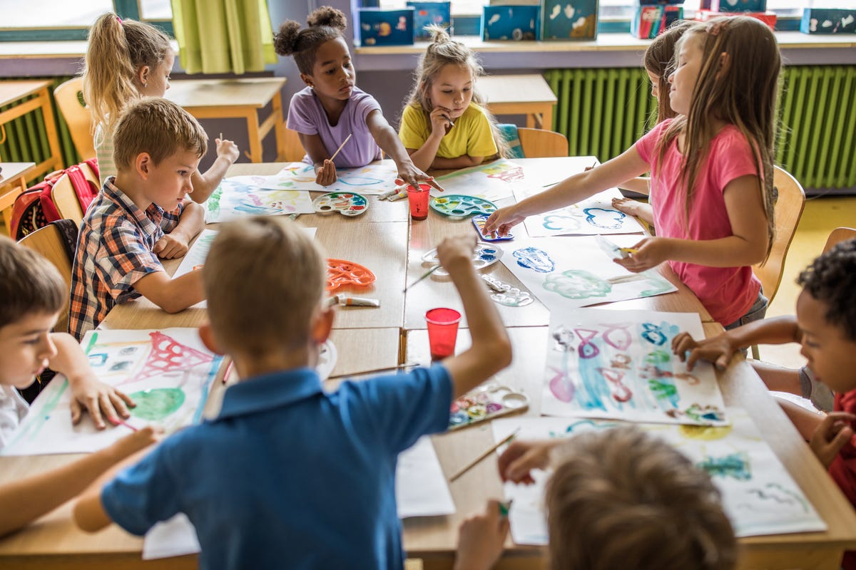 back to school activities, first day of school activities, group of students painting with water colors on art class at an elementary school