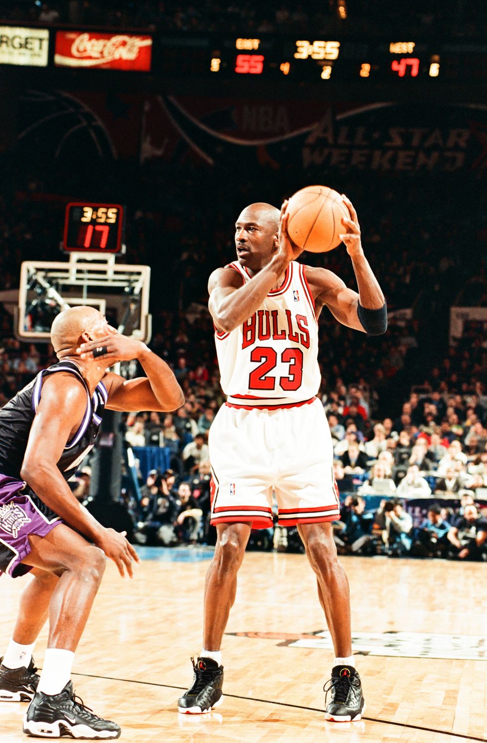 new york, ny february 8 michael jordan of the chicago bulls looks to move the ball during the 1998 nba all star game on february 8, 1998 at madison square garden in new york city photo by sporting news via getty images via getty images