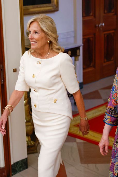 First Lady Dr. Jill Biden wearing our Chloe Damier Print dress from our  Fall-Winter 2023 collection while hosting the Back to School Safe