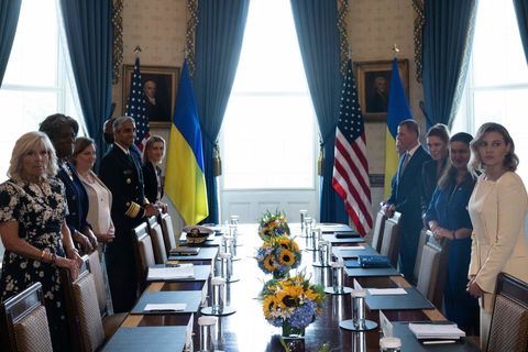 us first lady jill biden and ukrainian first lady olena zelenska stand prior to a meeting