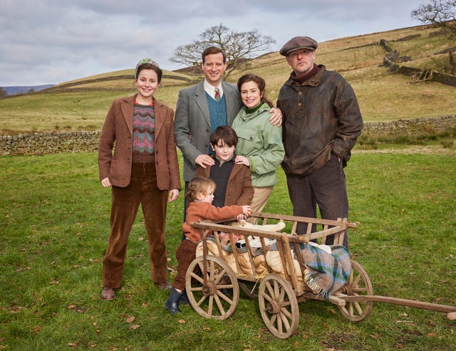 imogen clawson as jenny alderson, nicholas ralph as james herriot, rachel shenton as helen herriot, tony pitts as richard alderson (unsure of kids but its rose (l) and jimmy (r))acgas6 20250304 day7 unit stills