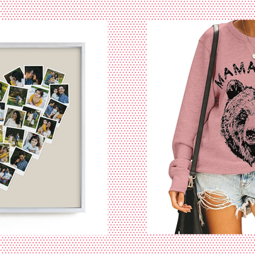 best first mother's day gift ideas, a person wearing a mama bear sweatshirt and a framed picture collage