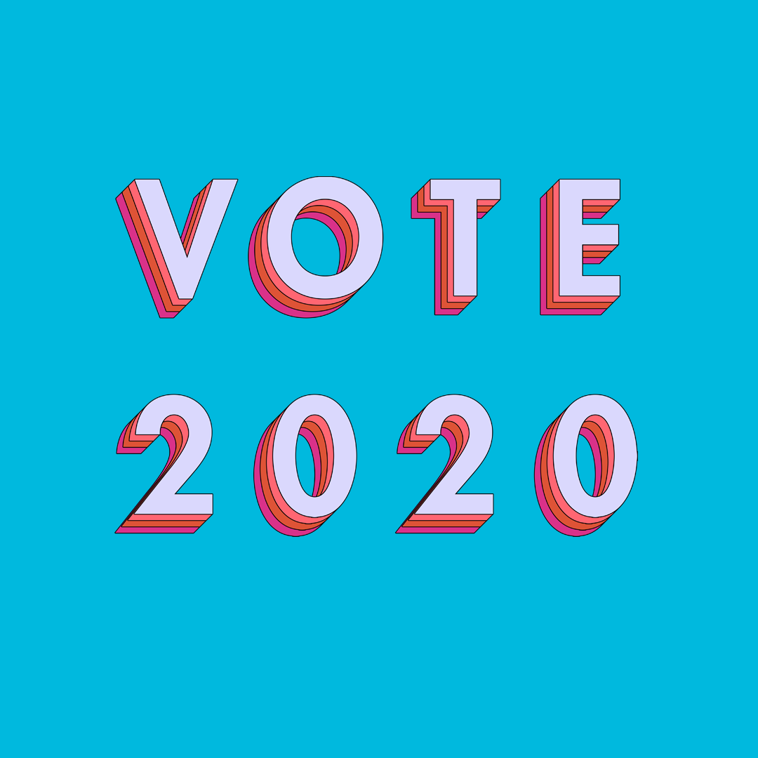 a blue background with the words vote 2020 in pink and red