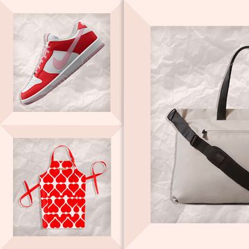red sparkle nail polish, red and pink nike sneaker, bag, heart apron, red candle