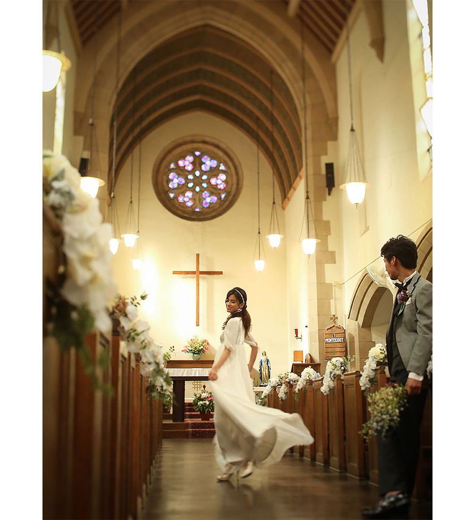Photograph, White, Ceremony, Bride, Dress, Yellow, Chapel, Place of worship, Event, Aisle, 