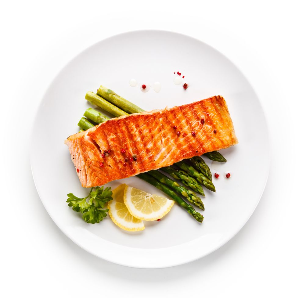 fish dish, grilled salmon and asparagus