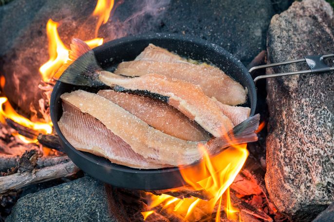 fish in a frying pan over flames
