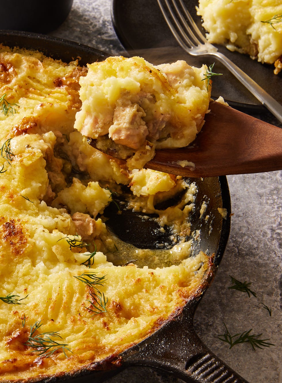 fish pie with salmon, shrimp and dill
