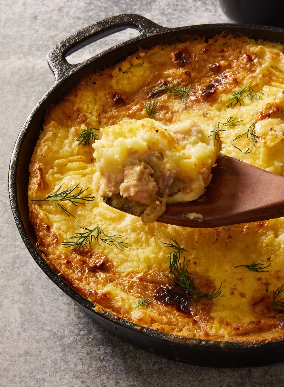 fish pie with salmon, shrimp and dill