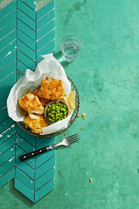 air fryer fish and chips in a wire basket