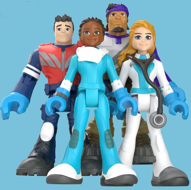 nurse, doctor, emt, and delivery action figures with light blue background
