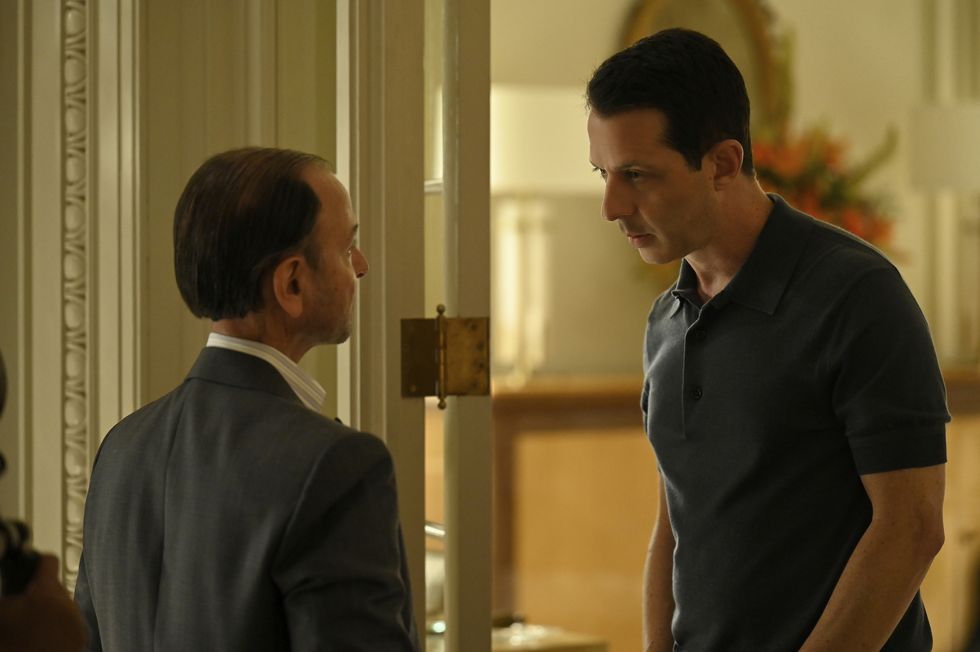a photo from the production of episode 404 of “succession” starring fisher stevens as hugo and jeremy strong as kendall