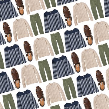 collection of clothing items and footwear arranged in a pattern