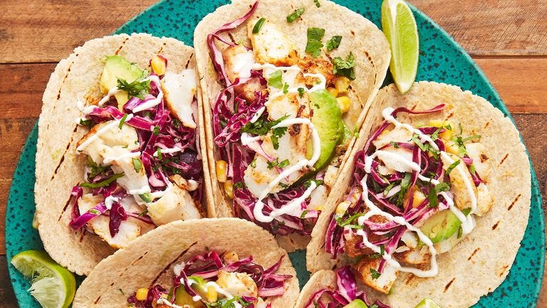 fish tacos on a speckled teal plate