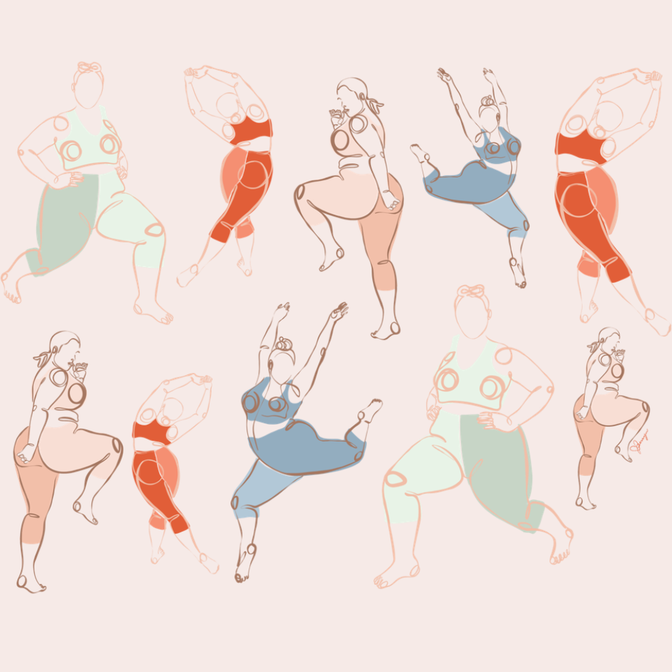 line illustration of curvy women in fitness clothes