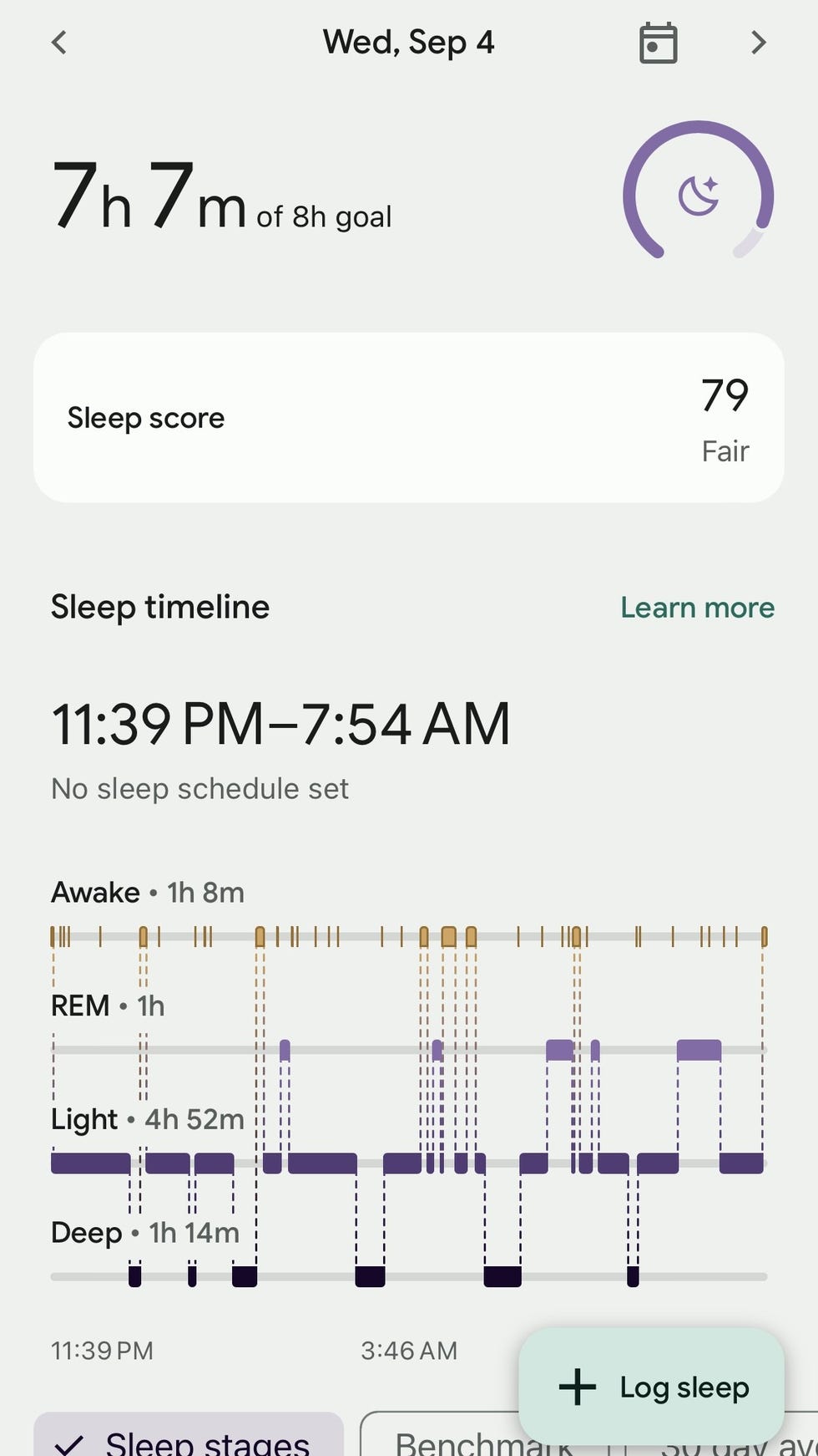 Shows how much sleep you've slept against your 8 hour goal and shows you achieved 7 hours 7 minutes