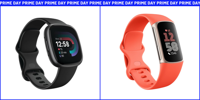 a black fitbit smartwatch and coral fitbit fitness tracker displayed side by side