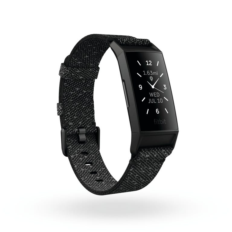 product render of fitbit charge 4, 3qtr view, in special edition granite and black