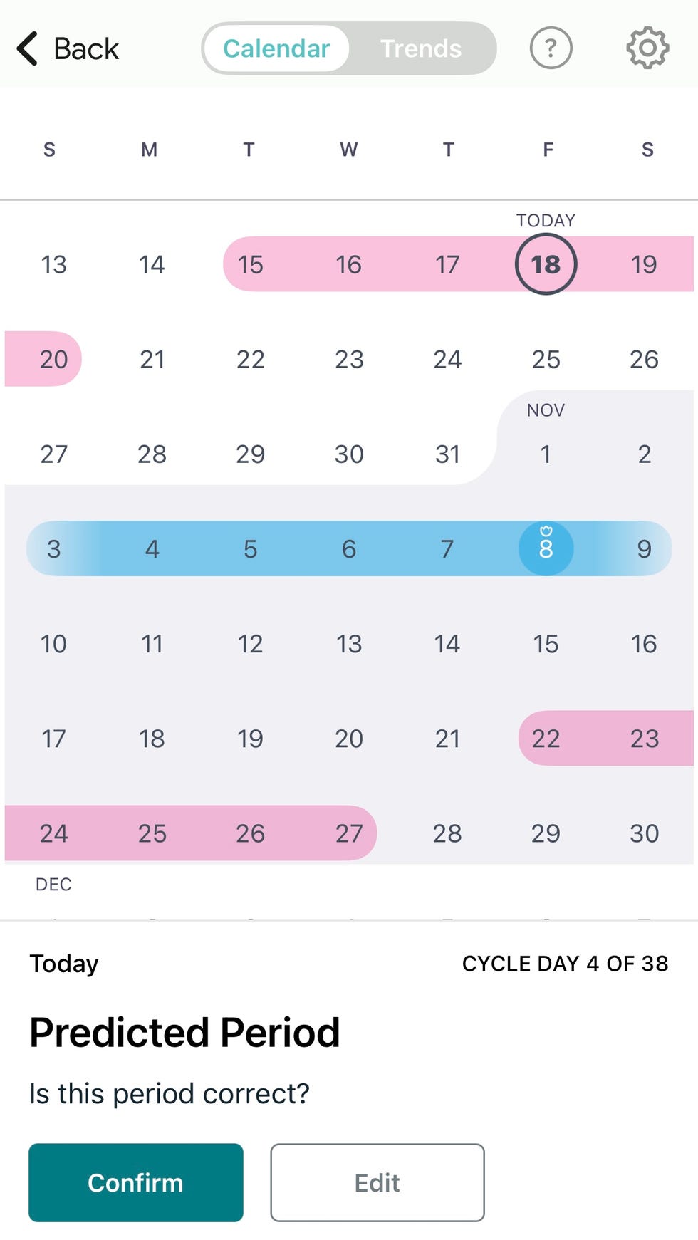 The digital calendar displays multiple months, with specific days highlighted in pink and blue to indicate specific cycle events.