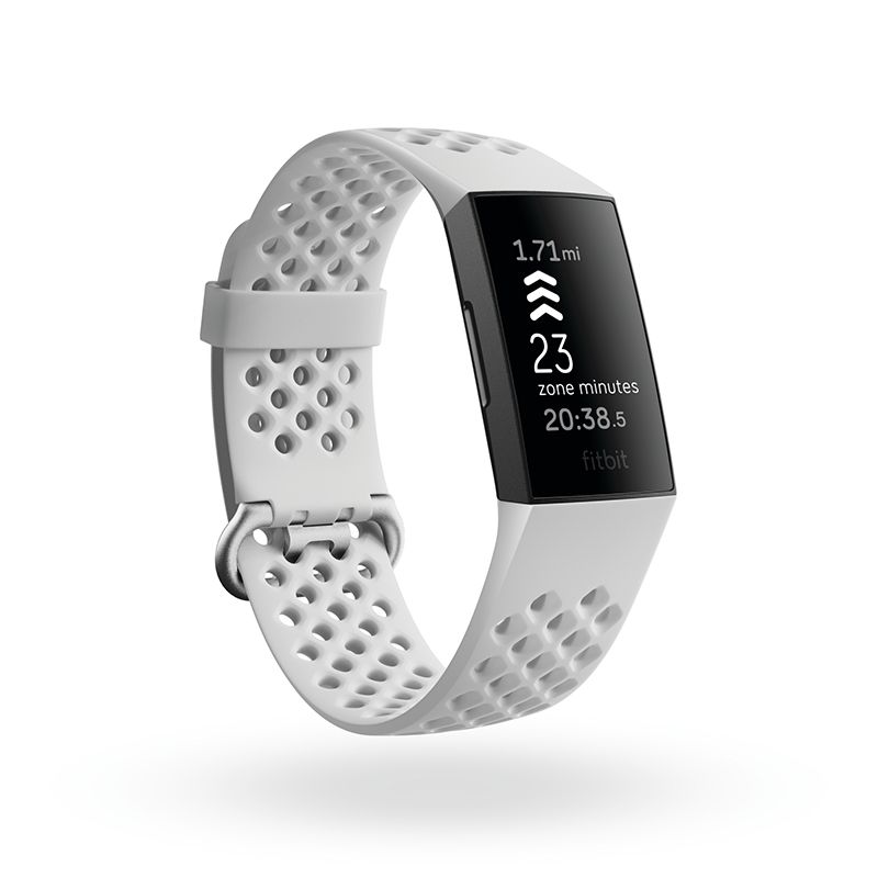 product render of fitbit charge 4, 3qtr view, in frost white sport and black