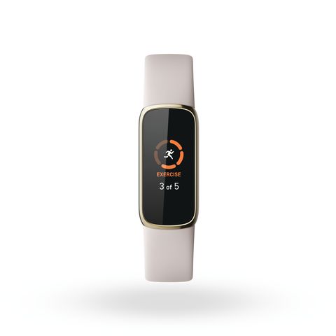 product render of fitbit luxe, front view, in lunar white and soft gold