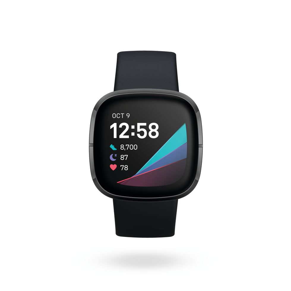 product render of fitbit sense, front view, in carbon and graphite stainless steel