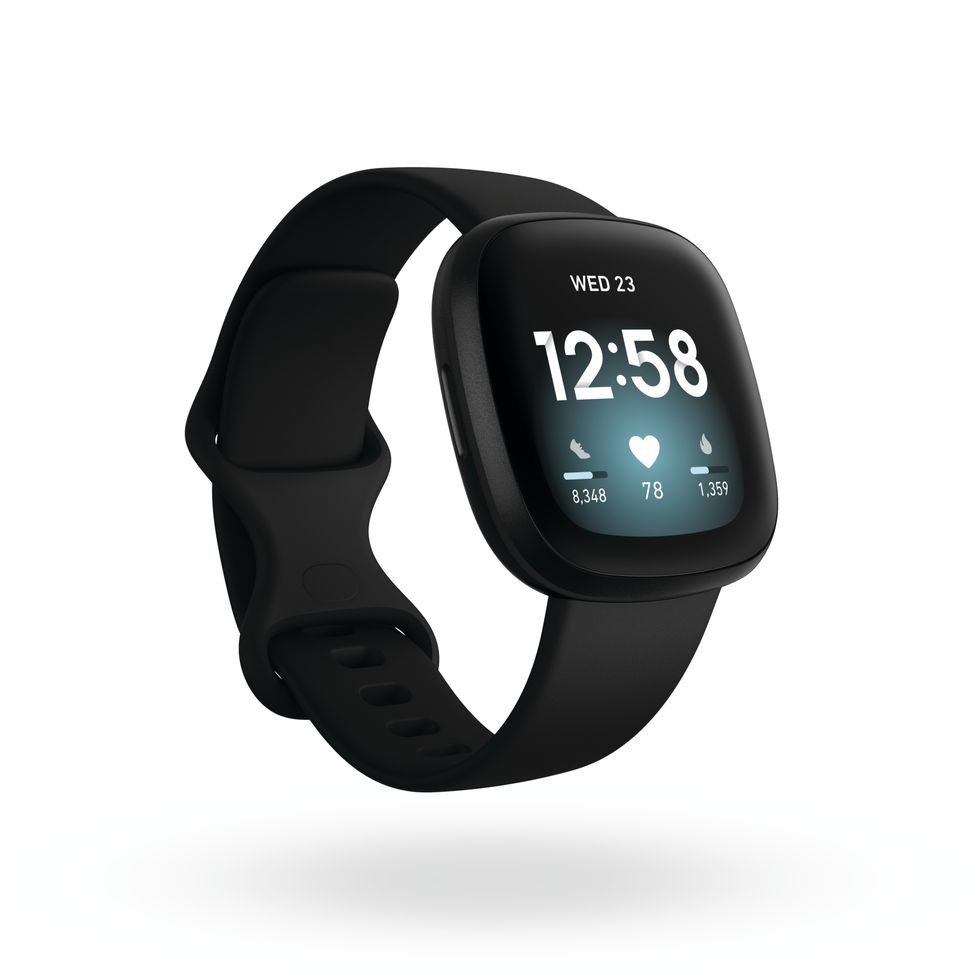 product render of fitbit versa 3, 3qtr view, in black and black aluminum