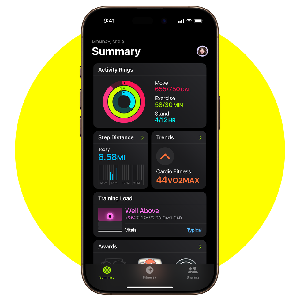 activity summary from a fitness tracking app on a smartphone