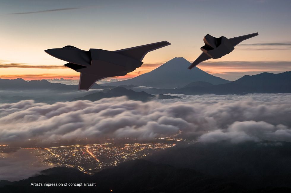 artist’s concept of gcap fighters flying over japan with mount fuji in the background