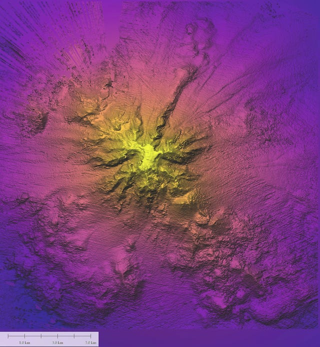 the seamount covers an area of about 70 sq km the summit depth is 994m and the base is at 4,103m giving it a prominence of 3,109m over the surrounding seafloor