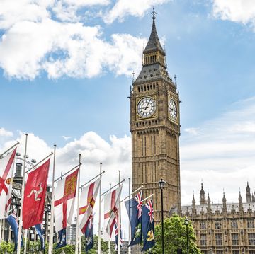 flags with big ben, london, england, great britain