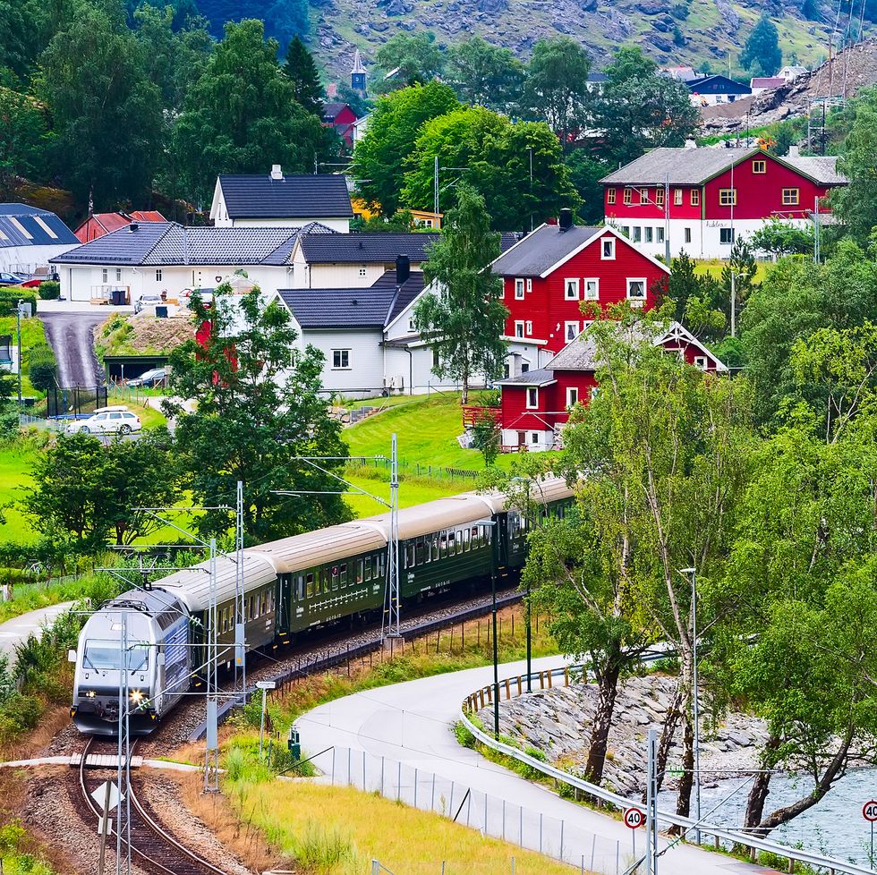 flam, norway myrdal train in norwegian village near sognefjord fjord, local landmark