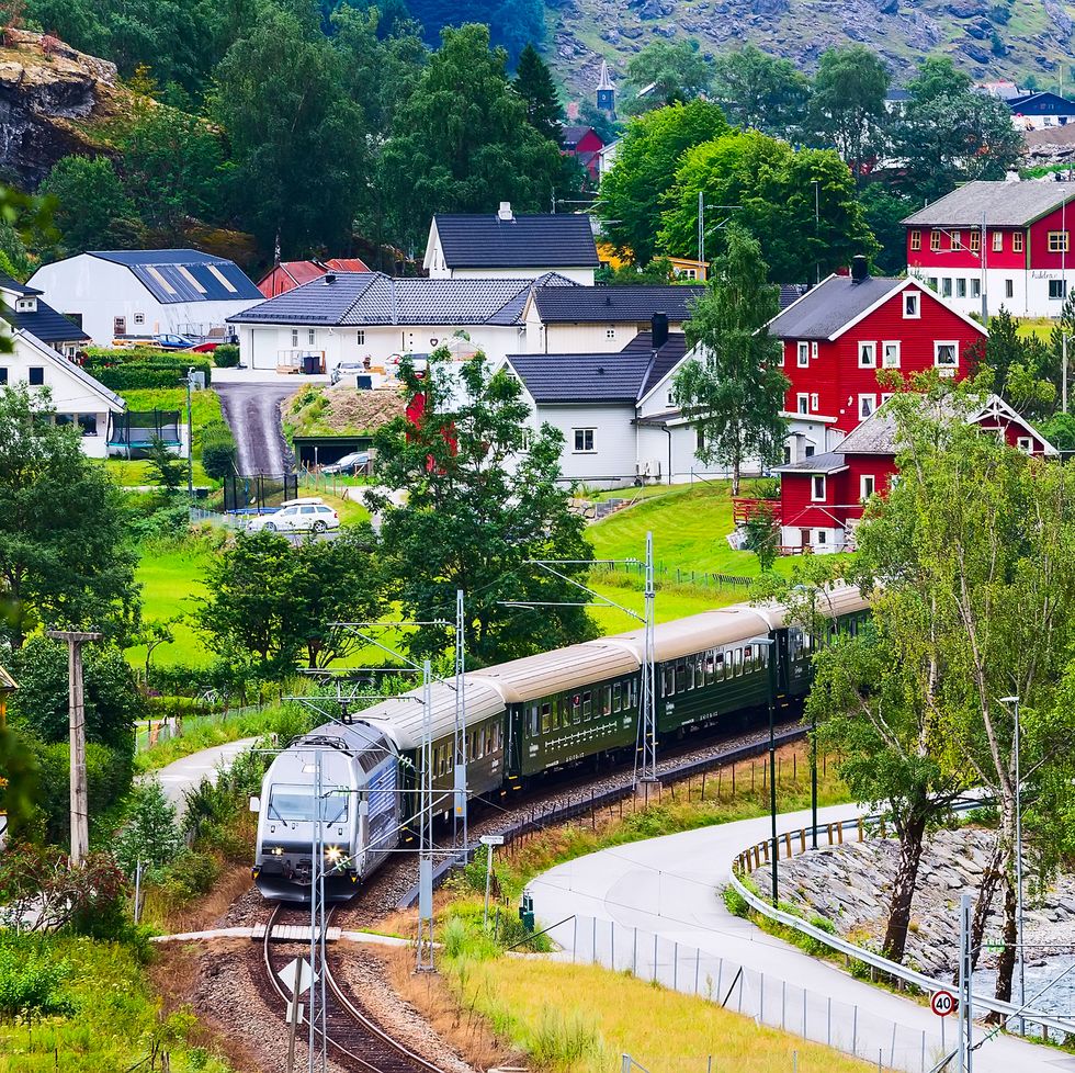 flam, norway myrdal train in norwegian village near sognefjord fjord, local landmark
