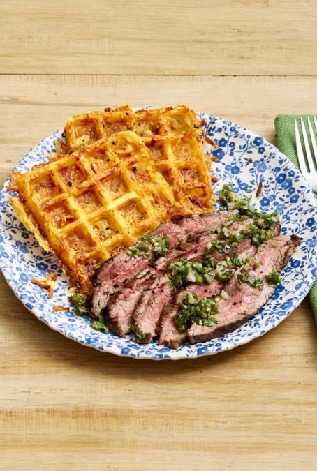 flank steak with cheesy waffle hash browns
