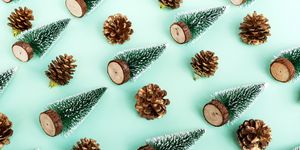 flat lay christmas trees and pine cone backgrounds
