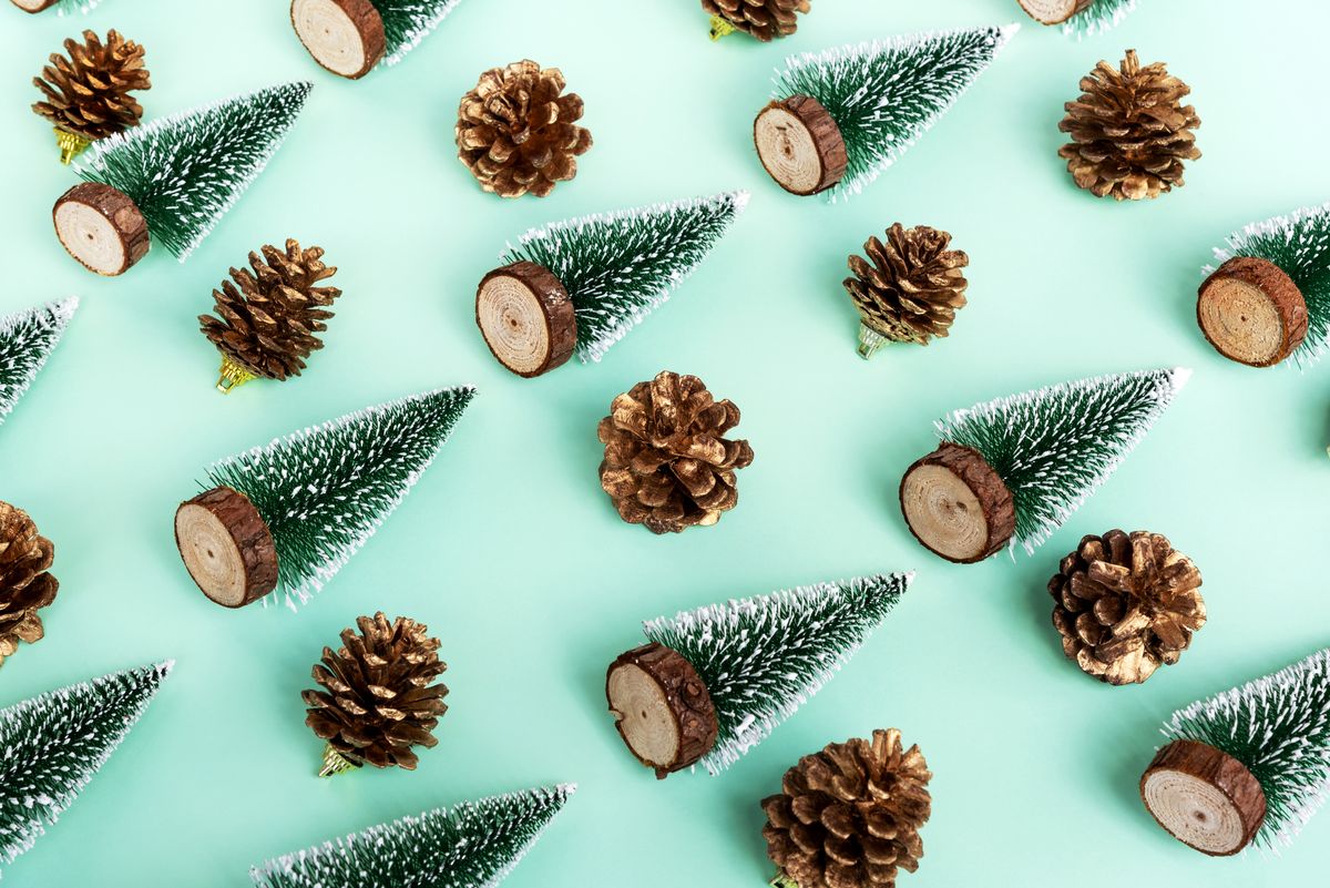 flat lay christmas trees and pine cone backgrounds