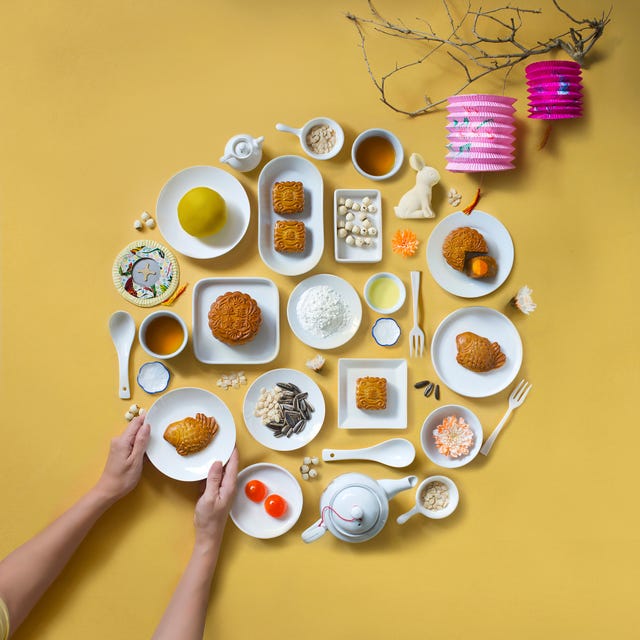 flat lay mid autumn festival food and drink still life