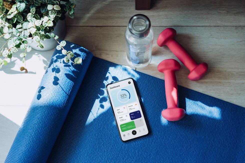 flat lay of yoga, sports and fitness equipment with dumbbell, water bottle, yoga mat and smartphone showing health and fitness app in the fresh bright morning fitness, wellness and home work out concept