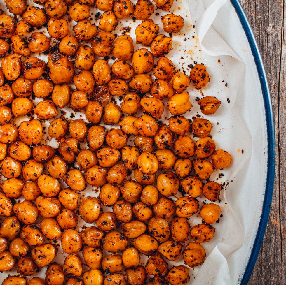 flat lay roasted spicy snack chickpeas in tray