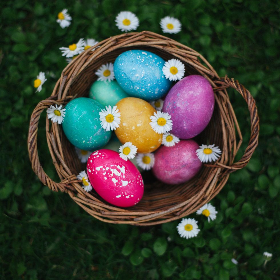 flat lay with colorful easter eggs in the basket on the green grass