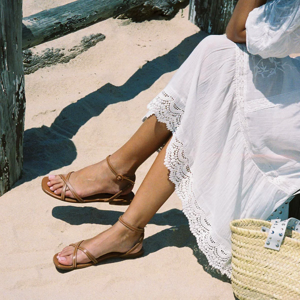 Un primer plano de unos pies con sandalias marrones sobre la arena junto a un vestido de color claro y un bolso tejido.