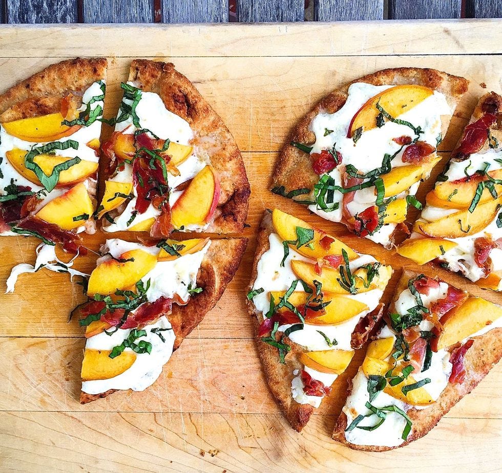 flatbread with peach, prosciutto, and mozzarella