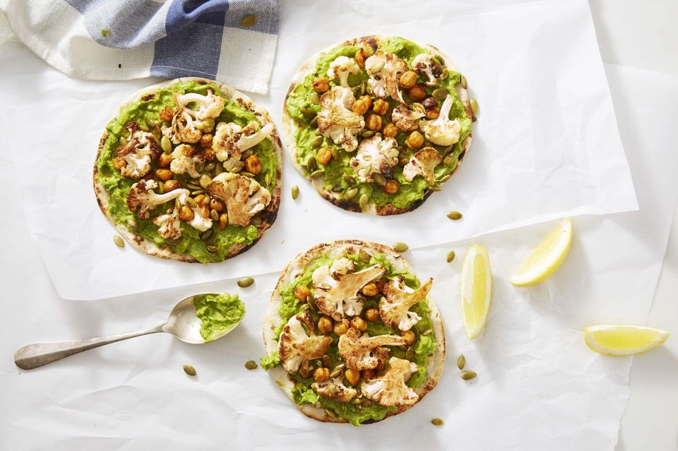 bbq chickpea and cauliflower flatbreads with avocado mash