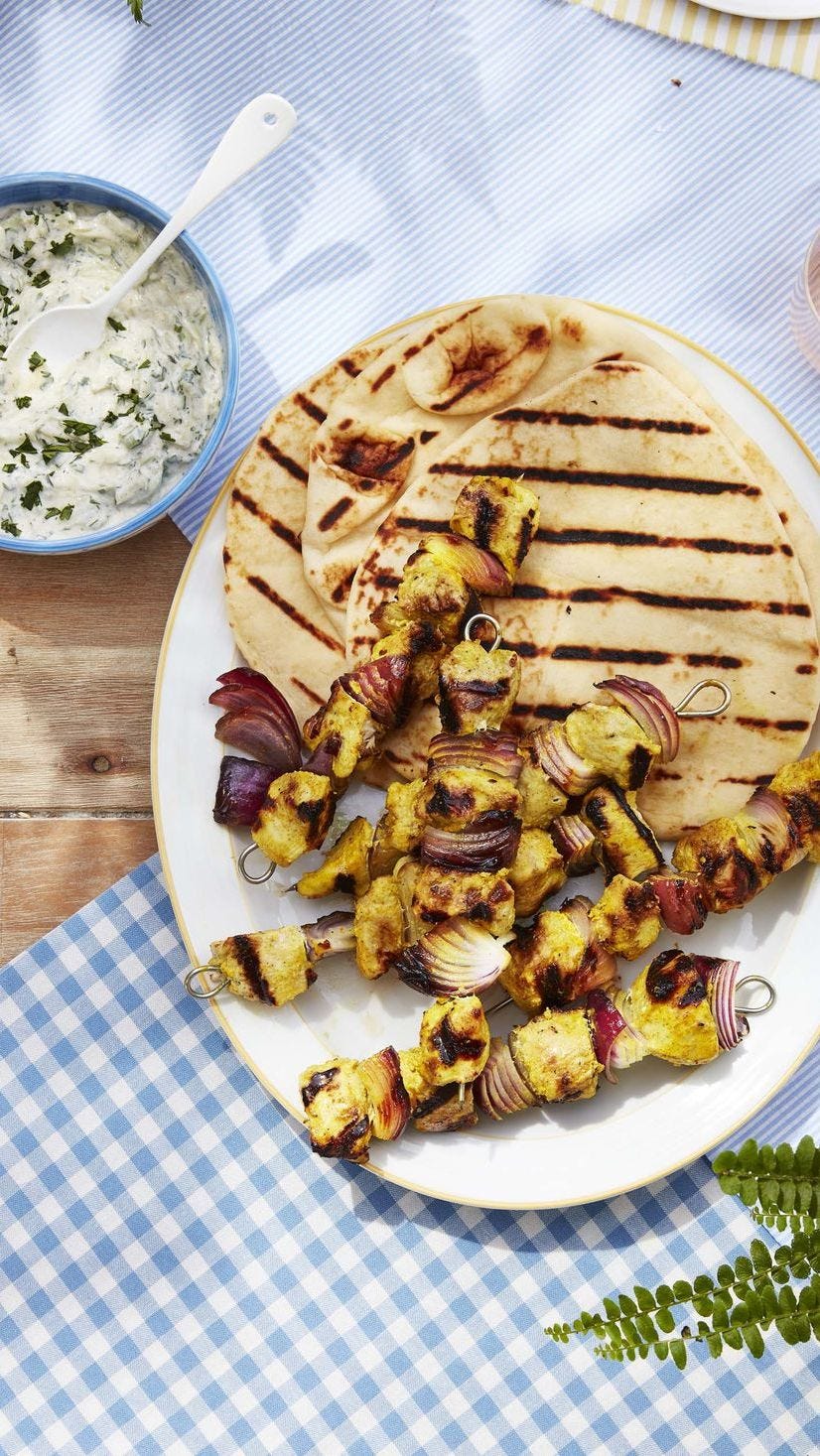 marinated chicken and onion kebabs on grilled flatbreads