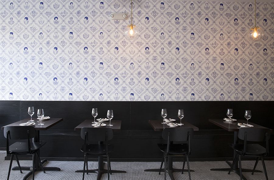 blue wallpaper on wall of restaurant