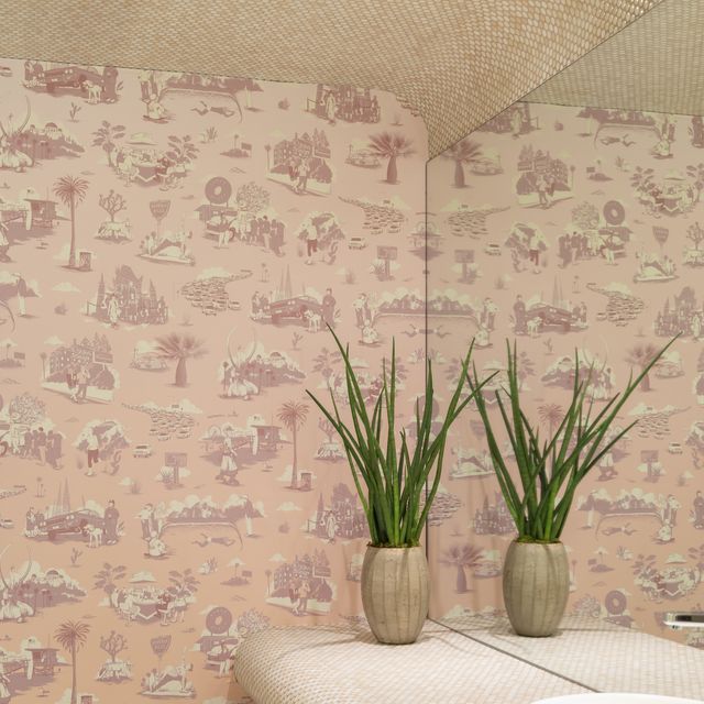 bathroom with pink wallpaper