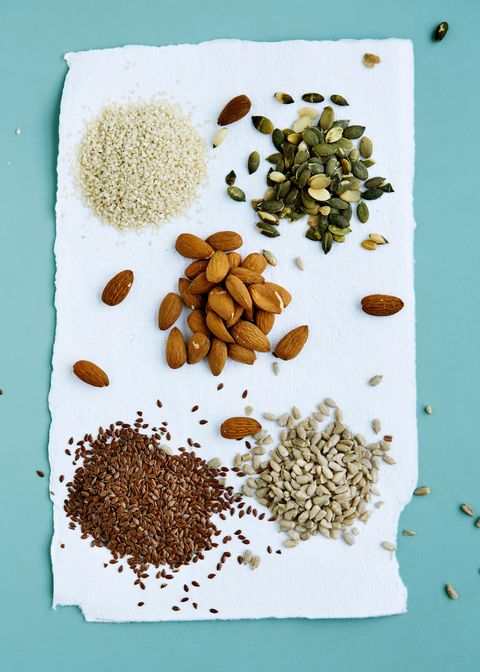 Flax seeds, pumpkin seeds, sunflower seeds and almonds