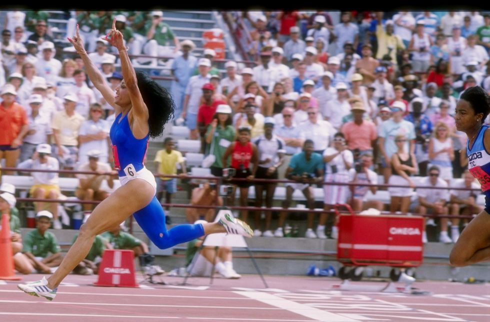 17 jul 1988  florence griffith joyner runs down the track during the olympic trials mandatory credit tony duffy  allsport